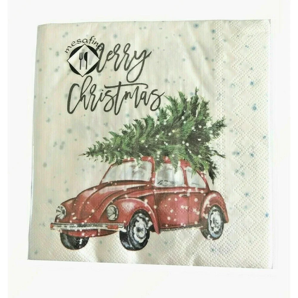 VW Bug Car Christmas Tree Red Paper Napkins Lunch Dinner 40 Ct 6.5x6.5